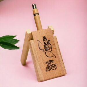 shree ram photo engraved wooden pen with wooden pen stand