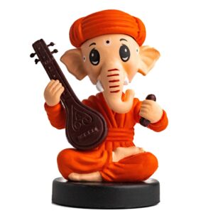 orange color sitting god ganesh ji bobblehead front look